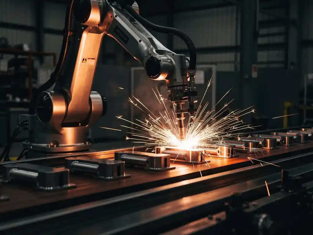Industriële robotarm last metaalonderdelen op een lopende band, met vonken en warm amberkleurig licht tegen een donkere achtergrond.