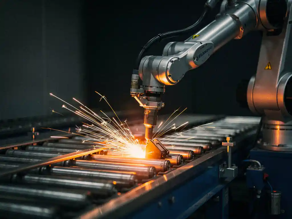 Industriële robotarm las metaalonderdelen op lopende band, oranje vonken spatten tegen donkere fabrieksachtergrond.