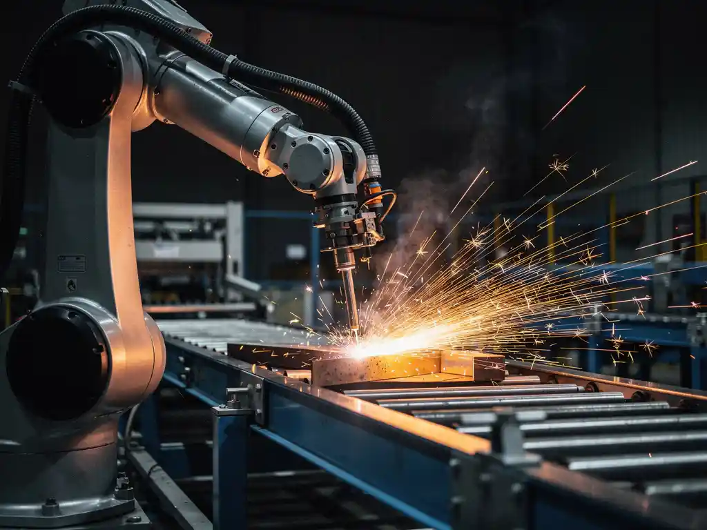 Industriële robotarm last metaalonderdelen op productielijn, oranje vonken spatten af tegen donkere fabrieksachtergrond.