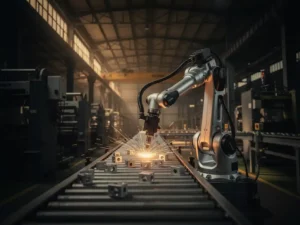 Industriële robotarm assembleert metalen onderdelen op transportband, vonken oplichtend in donkere fabriekhal met amberkleurige belichting.