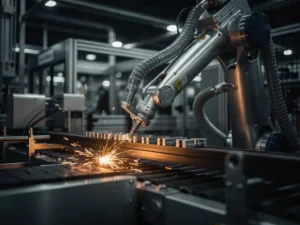 Industriële robotarm assembleert metalen onderdelen op transportband, vonken oplichtend tegen staalblauwe en amberkleurige tinten.