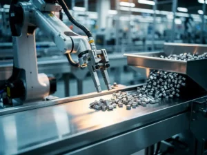 Gelede robotarm sorteert componenten op roestvrijstalen transportband in moderne fabriek, afkeurde onderdelen vallen in aparte bak.