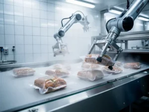 Robotgrijpers plaatsen vacuümverpakte voedingsproducten op roestvrijstalen transportband in steriele voedselverwerkingsfaciliteit.
