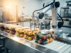 Robotarm verpakt seizoensgroenten en -fruit in verzegelde dozen op een roestvrijstalen transportband in een hygiënische fabriek.