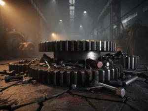 Grote stalen tandwielen vastgelopen door industrieel puin op een fabrieksvloer, verlicht door amberkleurig licht.