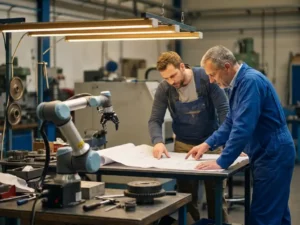 Technisch consultant in blauwe overall bespreekt automatiseringsplan met mkb-eigenaar aan werktafel, robotarm op achtergrond.