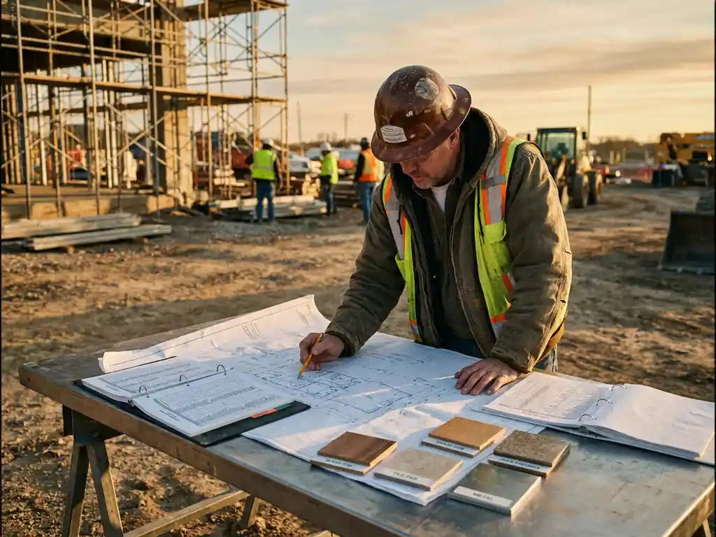 Projectmanager bekijkt gedetailleerde bouwtekening op stalen werktafel, omringd door aannemersschema's en materiaalstalen, steiger op de achtergrond.