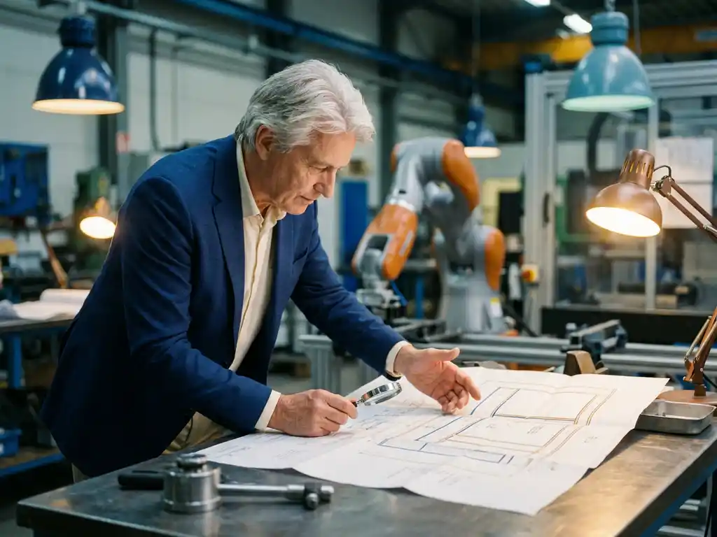 Consultant in blazer bestudeert automatiseringsschema's op industriële werkbank, met collaboratieve robotarm op de achtergrond.