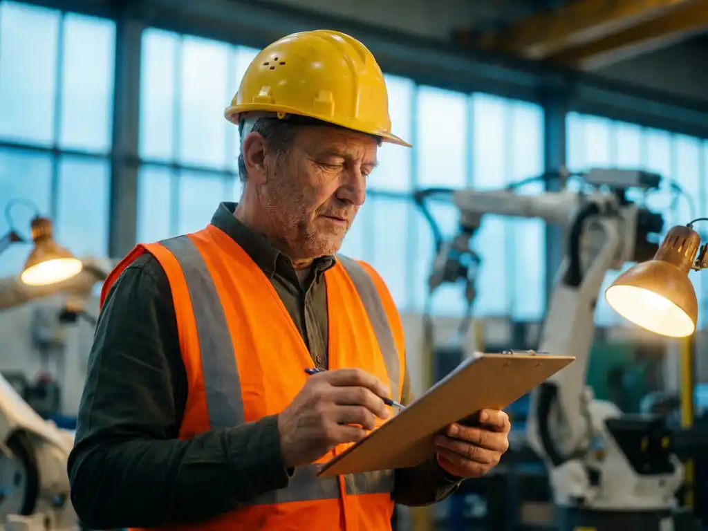 Ervaren voorman met helm en veiligheidsvest controleert klembord op industriële fabrieksvloer met autonome robotarmen op achtergrond.