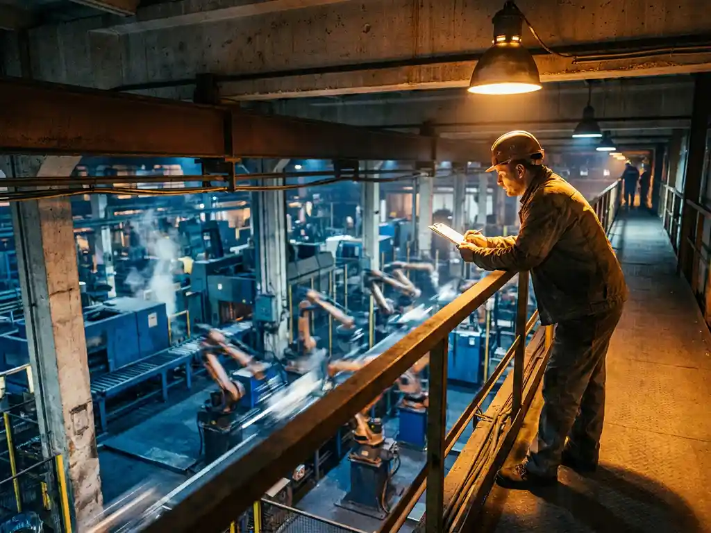 Fabrieksopzichter op verhoogde loopbrug observeert robotarmen en transportbanden in blauw-verlichte productiehal.