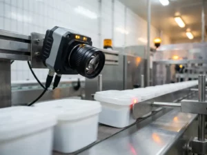 Industriële visioncamera boven productielijn die verzegelde containers inspecteert, met mechanische arm die afgekeurd product afvoert.