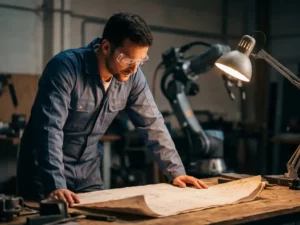 Ingenieur in blauwe overall en veiligheidsbril bestudeert automatiseringsproject blueprint op werkbanktafel, collaboratieve robotarm op achtergrond.