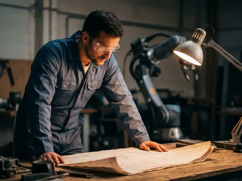 Ingenieur in blauwe overall en veiligheidsbril bestudeert automatiseringsproject blueprint op werkbanktafel, collaboratieve robotarm op achtergrond.