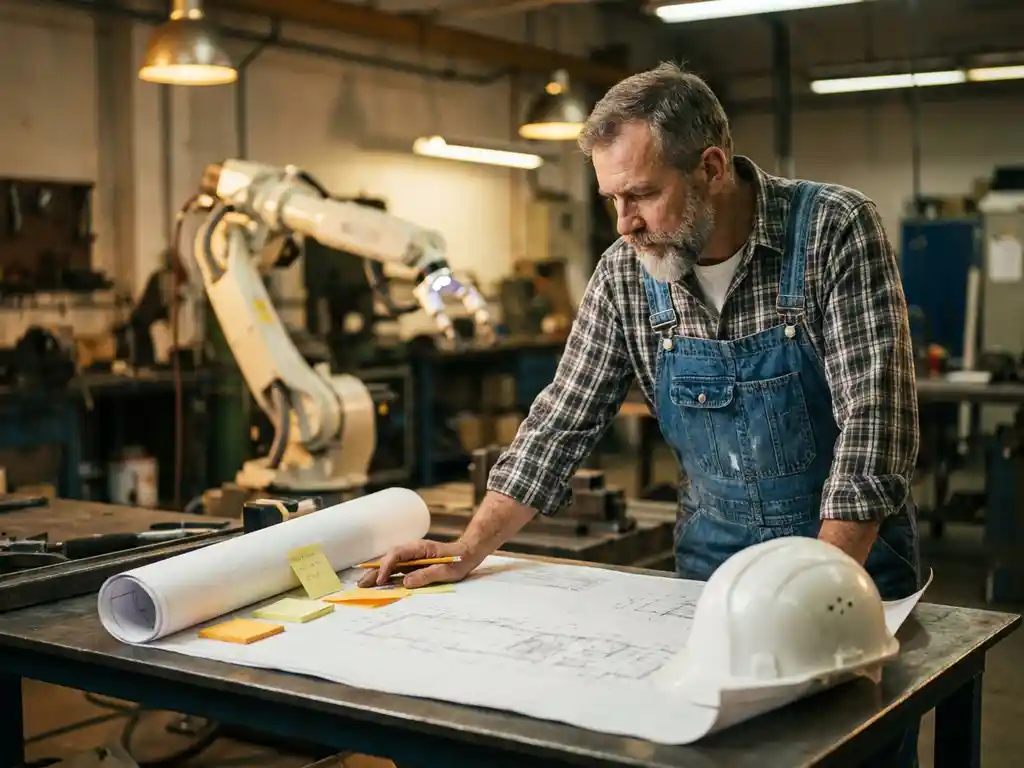 Ervaren ingenieur in blauwe overall bestudeert technische tekening op stalen werkbank, met collaboratieve robotarm op de achtergrond.