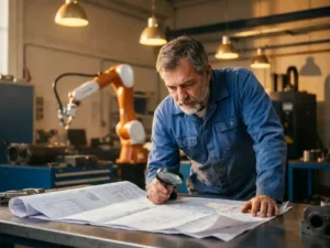 Ervaren ingenieur in blauwe overall bestudeert technische blauwdrukken op stalen werktafel, collaboratieve robotarm zichtbaar op achtergrond.