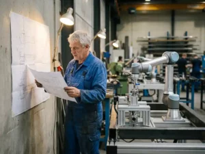 Ervaren ingenieur in blauwe overall bestudeert technische tekening, naast een collaboratieve robotarm en maatwerkmachine in een werkplaats.