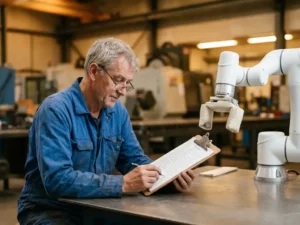 Ervaren ingenieur in blauwe overall controleert checklist op klembord naast collaboratieve robotarm in industriële werkplaats.