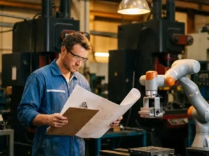 Mannelijke ingenieur in blauwe overall en veiligheidsbril bestudeert technische schema's naast een collaboratieve robotarm in een fabriek.