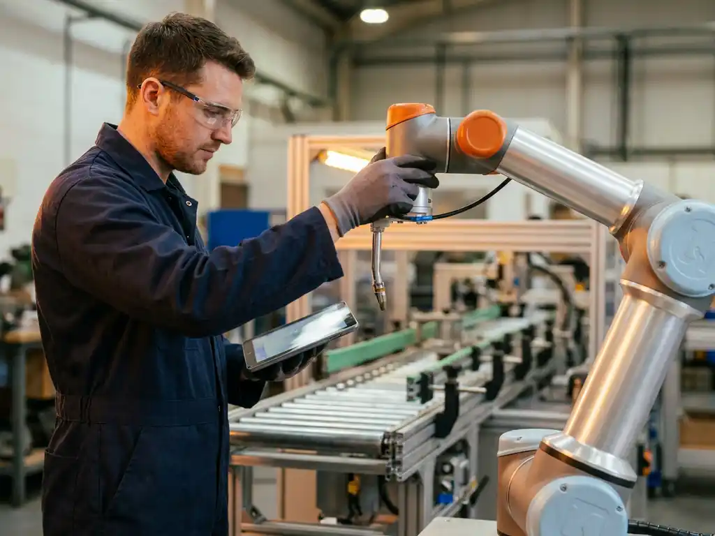Ingenieur in blauwe overall en veiligheidsbril kalibreert een collaboratieve robotarm op een fabrieksvloer.