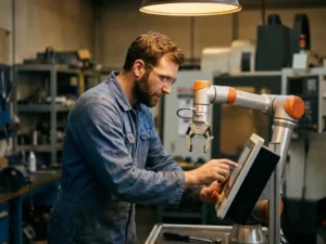 Ingenieur in blauwe overall en veiligheidsbril bedient touchscreen naast collaboratieve robotarm in moderne werkplaats.