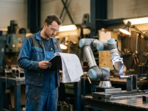 Ingenieur in blauwe overall en veiligheidsbril bestudeert technische schema's naast een actieve collaboratieve robotarm in een industriële werkplaats.
