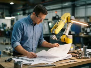 Mannelijke engineer in blauw shirt bestudeert technische documenten naast een collaboratieve robotarm op een werkbank in een industriële fabriek.