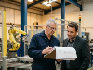 Ervaren ingenieur in blauwe overall bespreekt maatwerk machine-ontwerp met fabrieksbeheerder, collaboratieve robotarm op de achtergrond.