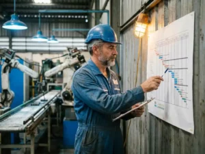 Ervaren ingenieur in blauwe overall bekijkt projecttijdlijn op fabriekswal, met actieve robotarmen op de achtergrond.