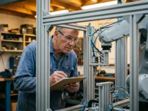 Ingenieur in blauwe overall en veiligheidsbril inspecteert industriële robotcel met klembord, aluminium machinerie en pneumatische componenten op voorgrond.