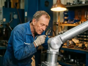 Ingenieur in blauwe overall inspecteert lasnaad van een op maat gebouwde robotarm in verlichte werkplaats.