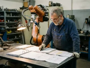 Ingenieur in blauwe overall bestudeert kostenramingen en technische schema's op stalen werkbureau, met robotarm op de achtergrond.