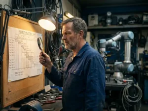 Ingenieur in blauwe overall bestudeert projectmijlpalenkaart op prikbord, met collaboratieve robotarm op de achtergrond in industriële werkplaats.