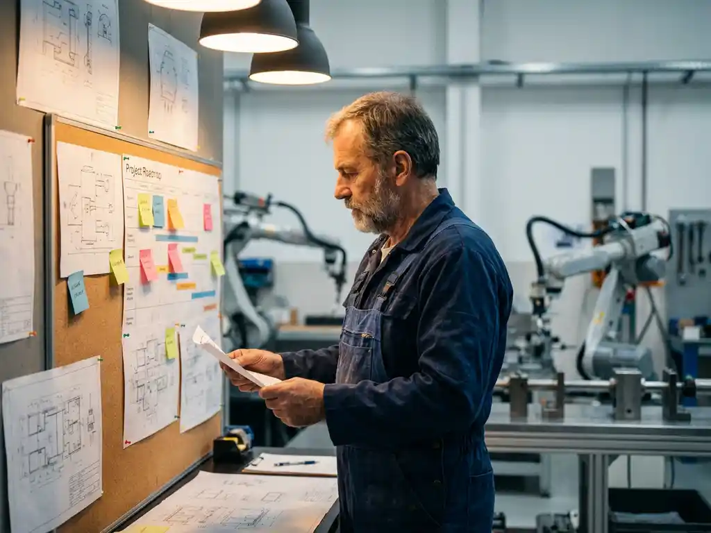 Ervaren ingenieur in blauwe overall bestudeert projectroadmap op kurkbord, omringd door technische tekeningen in industriële werkplaats.