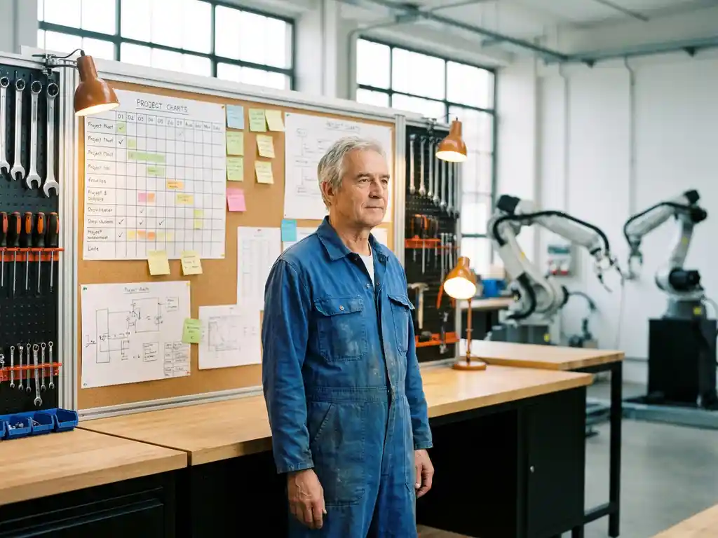 Ervaren ingenieur in blauwe overall bekijkt projectplanningsbord in moderne werkplaats met robotarmen op de achtergrond.