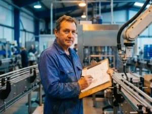Ervaren ingenieur in blauwe overall bestudeert automatiseringsplan op klembord naast draaiende robotarm op productielijn.