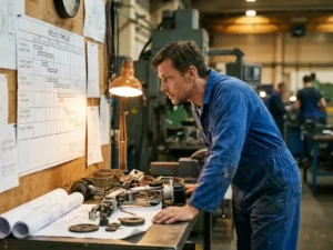 Mannelijke ingenieur in blauwe overall bestudeert projecttijdlijn aan werkplaatsmuur, robotarmonderdelen en technische tekeningen op stalen werkbank.