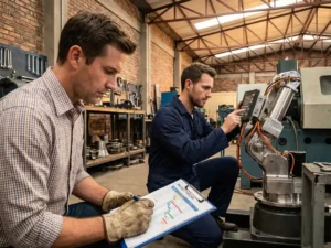 Ingenieur bestudeert projectplanning op klembord terwijl technicus in blauwe overall robotarm instelt in moderne industriële werkruimte.