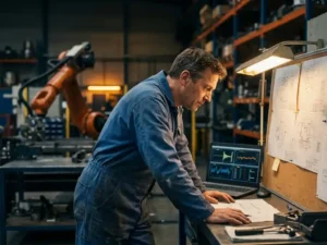 Mannelijke ingenieur in blauwe overall bestudeert technische schema's op prikbord, laptop met robottelemetrie naast hem in industriële werkplaats.