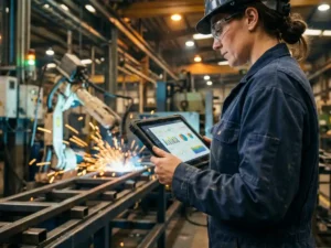 Veldingenieur in blauwe overall bekijkt live productiegegevens op tablet naast draaiende robotassemblagelijn met vonken.