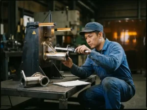 Kwaliteitscontroleur in blauwe overall meet precisie-gelast metaalonderdeel bij industriële machine met meetinstrument.
