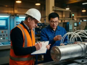 Kwaliteitscontroleur met helm en veiligheidsvest bestudeert technische checklist naast contractor bij industriële machinerie met aluminium onderdelen.