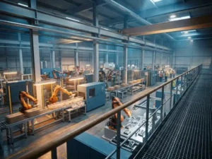 Moderne productiefaciliteit met robotarmen actief op verpakkings-, logistiek- en assemblagestation, staalblauwe en amberkleurige industriële verlichting.
