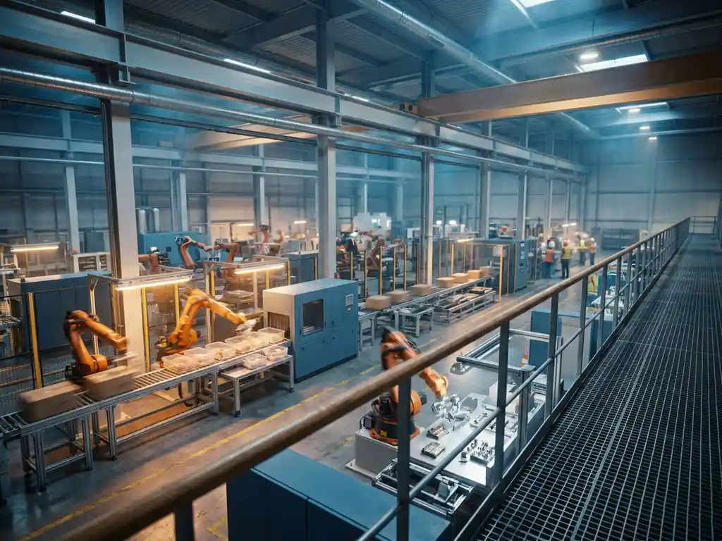 Moderne productiefaciliteit met robotarmen actief op verpakkings-, logistiek- en assemblagestation, staalblauwe en amberkleurige industriële verlichting.