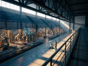 Moderne productiefaciliteit met robotarmen die lassen en assembleren op de fabrieksvloer, gezien vanaf een mezzanine loopbrug.