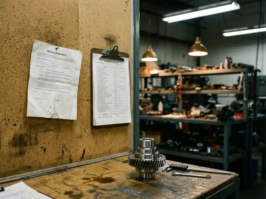 Ondertekend servicecontract op kurkbord naast onderhoudsklembord, met precisie metaalonderdeel op bureau in industriële werkplaats.