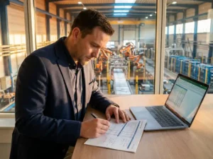 Projectmanager in smart casual kleding bestudeert gedrukt rapport aan modern bureau, laptop naast hem, industriële automatiseringshal zichtbaar door grote ramen.