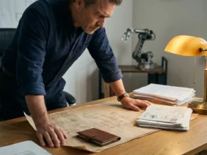 Projectmanager bestudeert technische tekeningen op bureau met paspoort, internationale documenten en industrieel robotmodel op de achtergrond.
