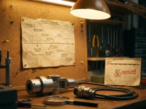 Projecttijdlijn op kurkbord naast robotarmonderdeel en industriële kabelconnector, met omcirkelde deadline op kalender.