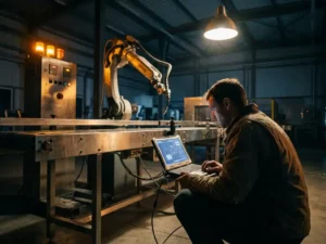 Ingenieur troubleshoot stilstaande robotarm op verlaten fabriekshal, amberkleurige waarschuwingslampen verlichten roestvrij stalen transportbanden.