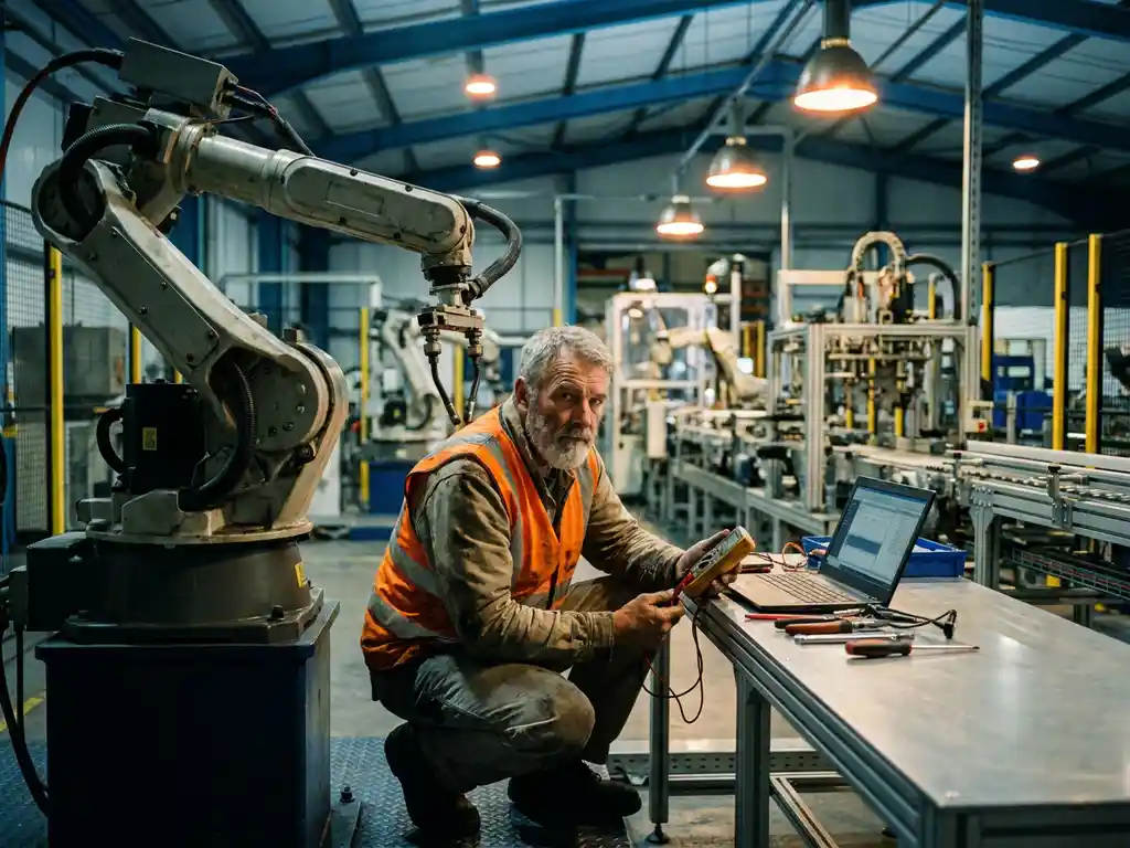 Industrieel technicus in veiligheidsvest inspecteert robotarm op fabrieksvloer, diagnostisch gereedschap op werkbank op de voorgrond.